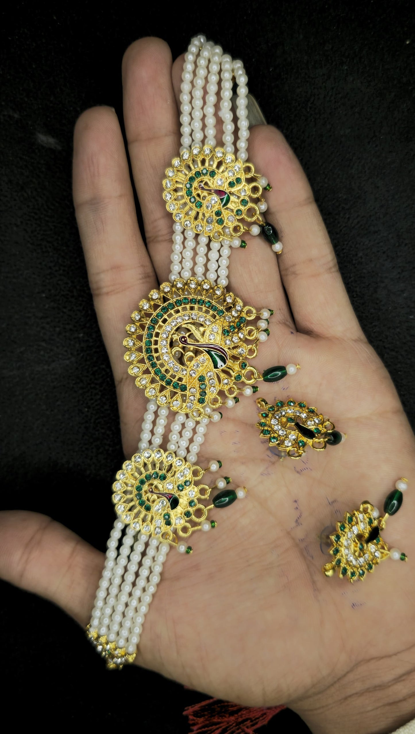 Women's Elegant Stylish Traditional Party & Casual Wear Gold Plated Stone Studded Off White Pearl Peacock Style Necklace Set With Earrings(Green)