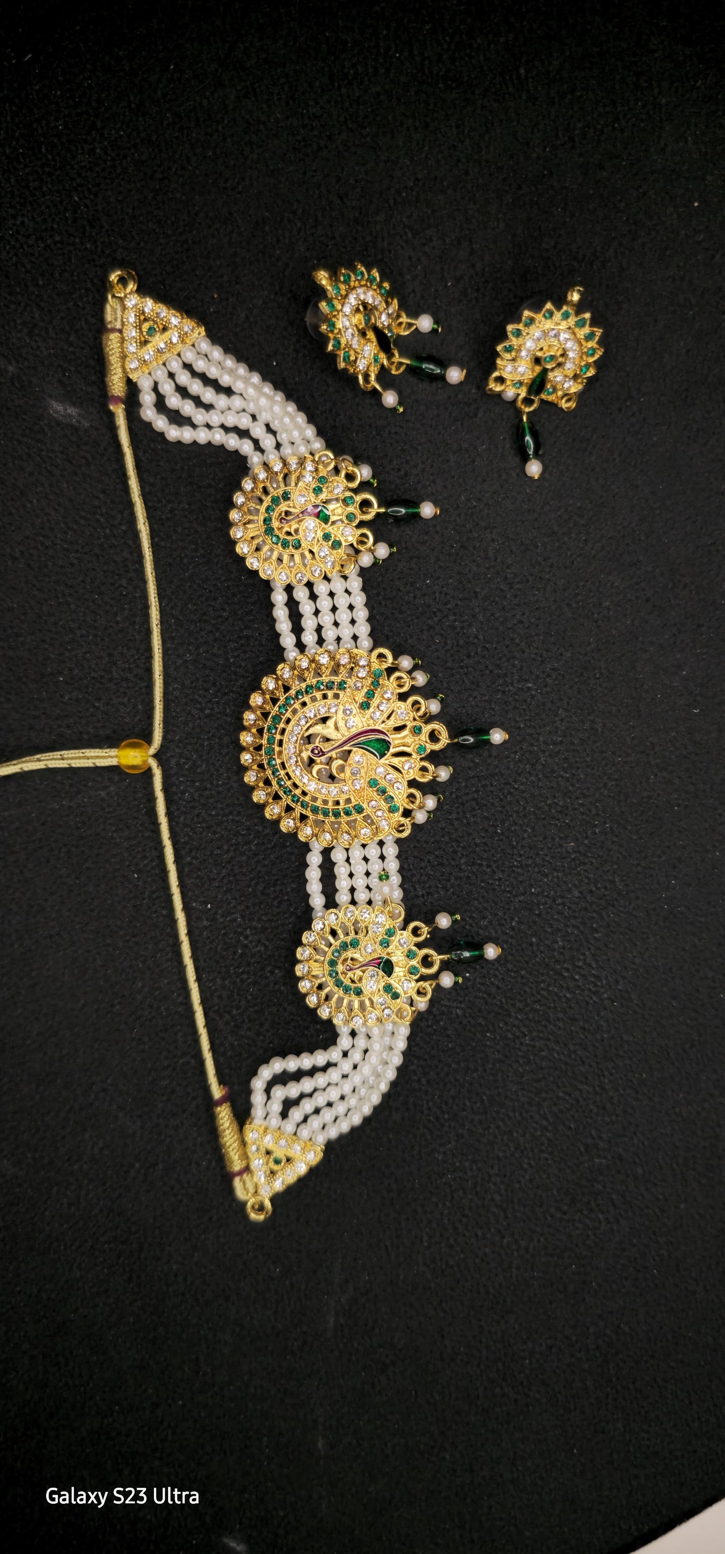 Women's Elegant Stylish Traditional Party & Casual Wear Gold Plated Stone Studded Off White Pearl Peacock Style Necklace Set With Earrings(Green)