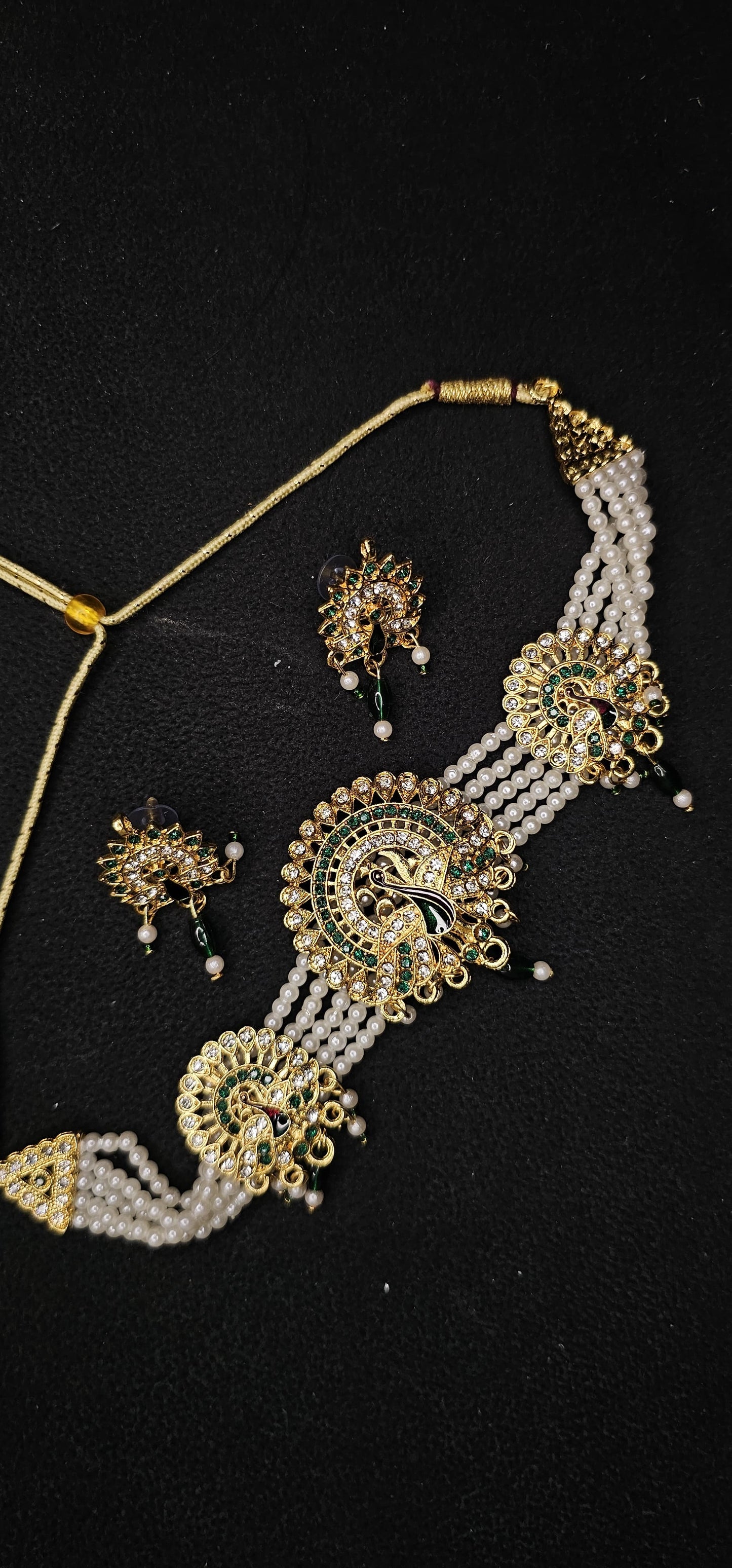 Women's Elegant Stylish Traditional Party & Casual Wear Gold Plated Stone Studded Off White Pearl Peacock Style Necklace Set With Earrings(Green)