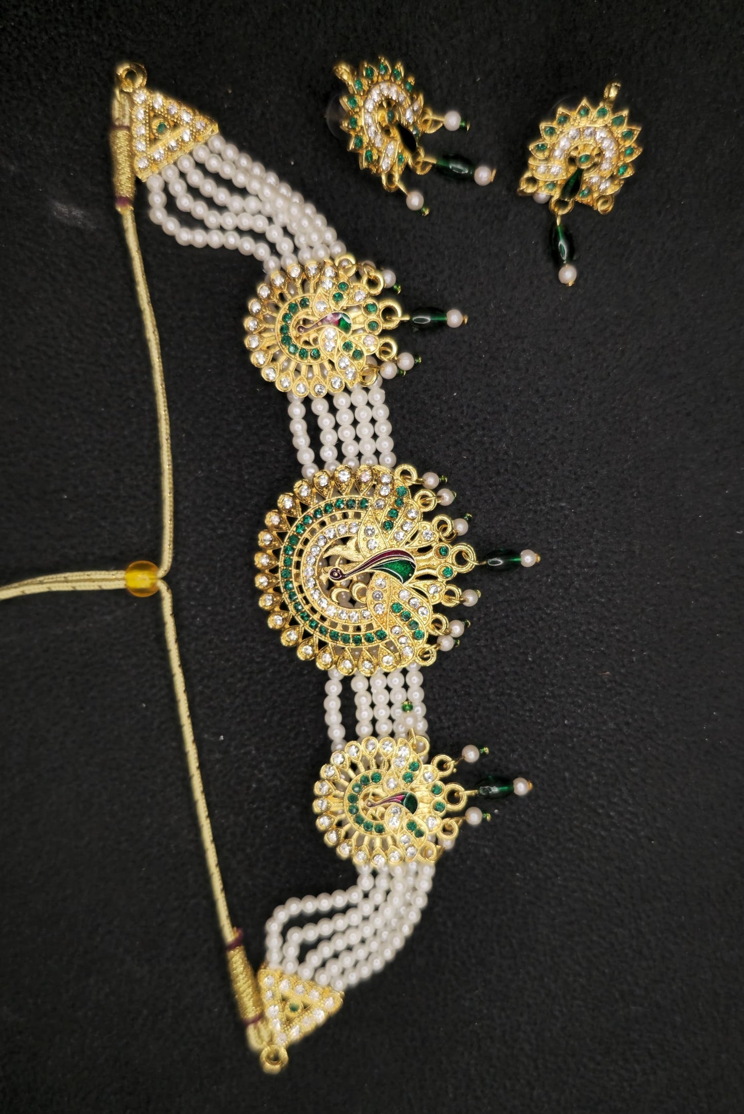 Women's Elegant Stylish Traditional Party & Casual Wear Gold Plated Stone Studded Off White Pearl Peacock Style Necklace Set With Earrings(Green)