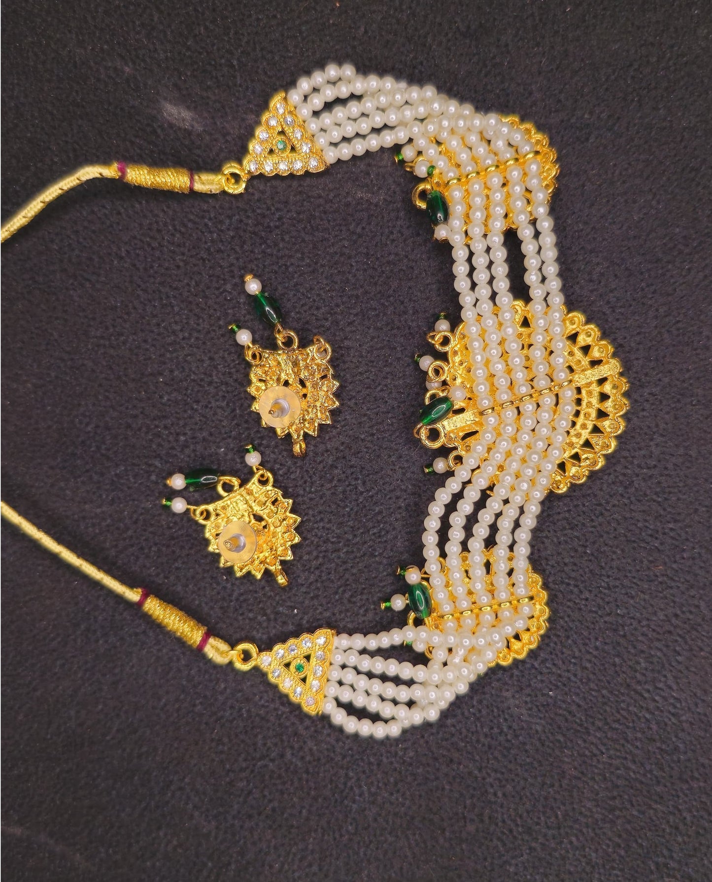 Women's Elegant Stylish Traditional Party & Casual Wear Gold Plated Stone Studded Off White Pearl Peacock Style Necklace Set With Earrings(Green)