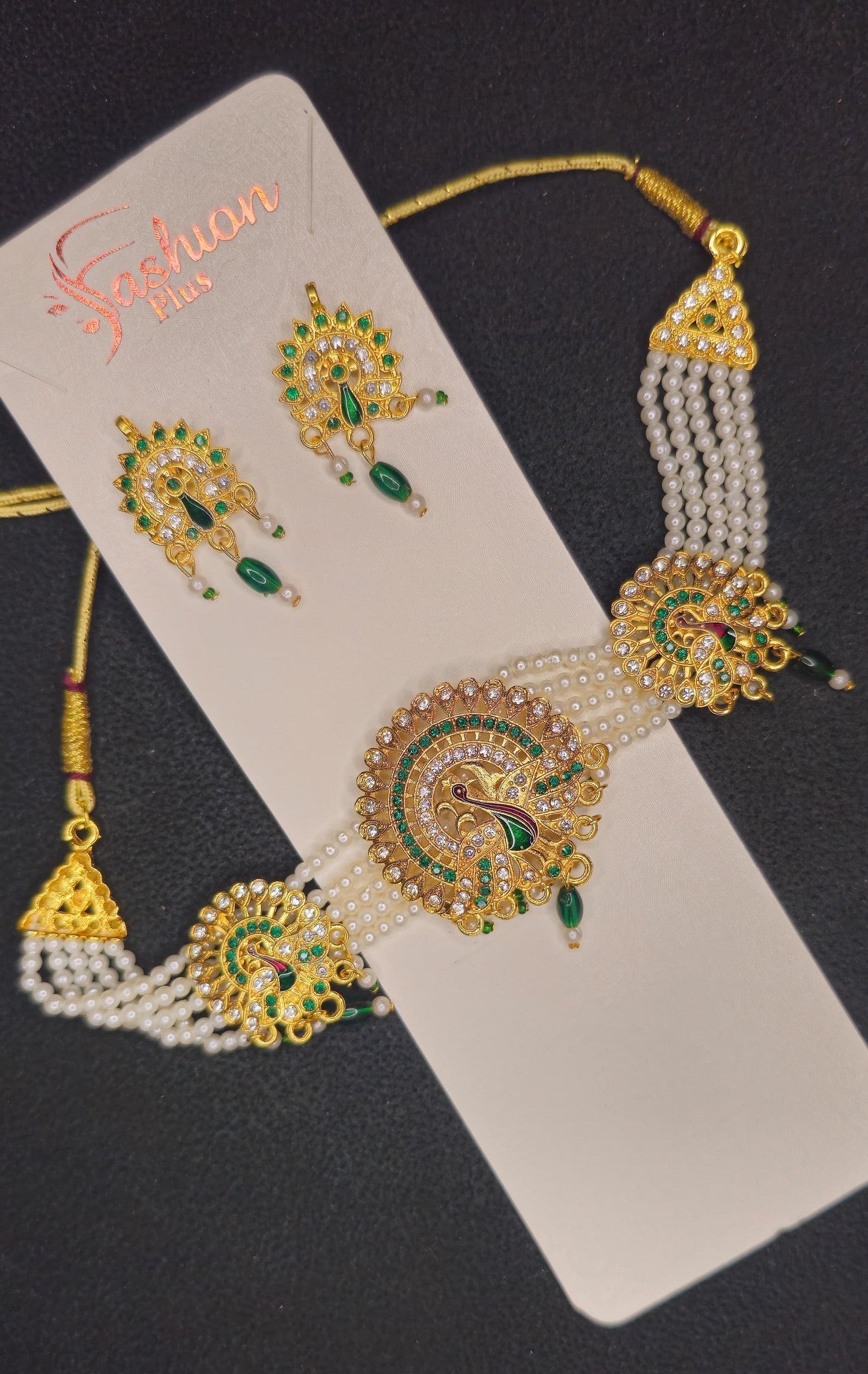 Women's Elegant Stylish Traditional Party & Casual Wear Gold Plated Stone Studded Off White Pearl Peacock Style Necklace Set With Earrings(Green)