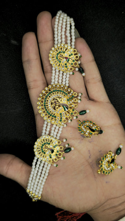 Women's Elegant Stylish Traditional Party & Casual Wear Gold Plated Stone Studded Off White Pearl  Peacock Style Necklace Set With Earrings(Green)