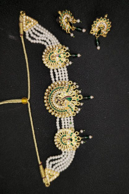 Women's Elegant Stylish Traditional Party & Casual Wear Gold Plated Stone Studded Off White Pearl  Peacock Style Necklace Set With Earrings(Green)